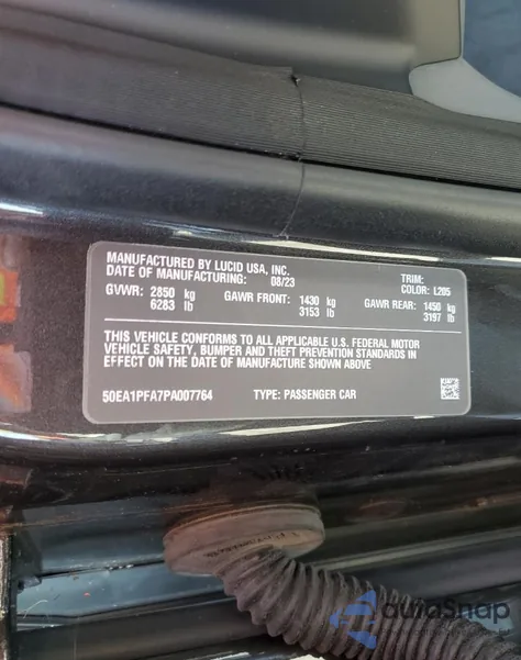 2023 Lucid Motors Air Pure from USA, damaged, VIN 50EA1PFA7PA007764